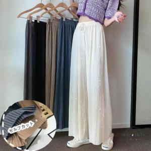 プリーツパンツ レディース ワイドパンツ セルフカット 夏服 ボ 春夏 長ズボン 夏ニット ウエストゴム リボン付き キラキラ ストレート しわにくい