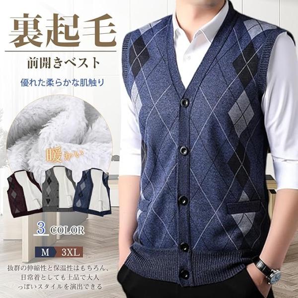 ニットベスト メンズ 裏起毛 前開き ベスト Vネック セーター 厚手 洗える 暖かい トップス ノ...