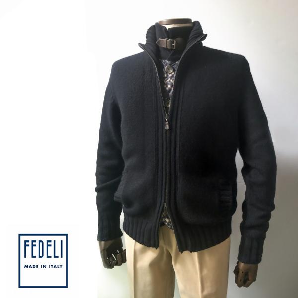 【FEDELI／フェデーリ】カシミヤニットブルゾン カシミア 50サイズ ブラック メンズ