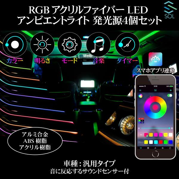 APP スマホ アプリ連動 RGB アクリルファイバーLED アンビエントライト 発光源4個セット ...