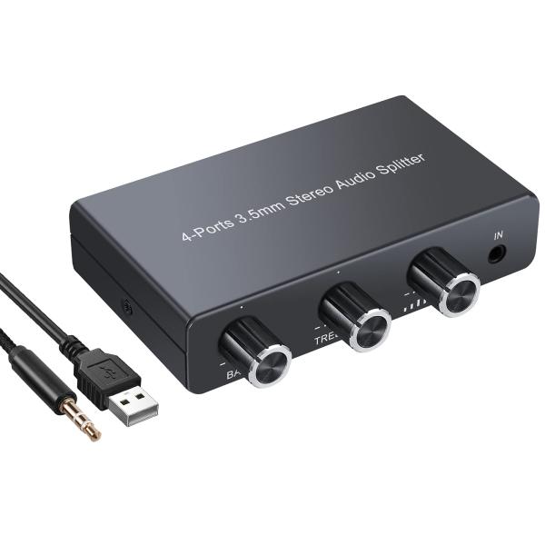 PROZOR ４ポート 3.5ｍｍオーディオ分配器 1入力4出力 低音/高音調整でき 音量調整でき ...