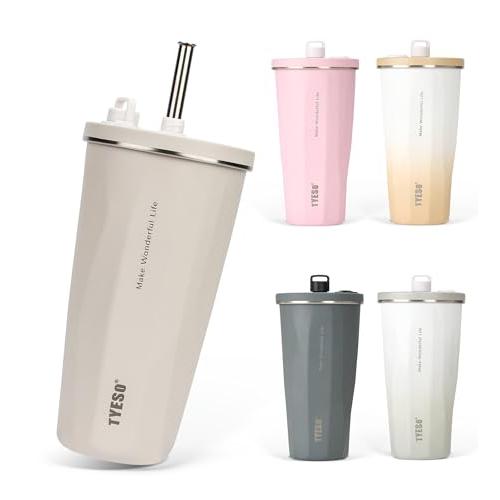 SNSで話題TYESO タンブラー ストロー付き 470ml ステンレス 蓋付き 真空断熱 保温 保...