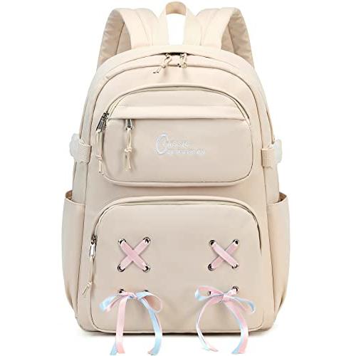 El-fmly リュック バックパック 可愛いリボン 背面ポケット付き 大容量 通学 旅行 クリーム
