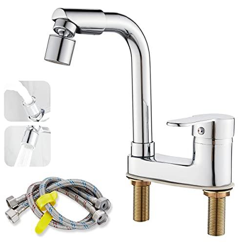 Maynosi 洗面台蛇口 2穴洗面用水栓 洗面水栓 ツーホール式 フル回転ヘッド ２つの水流モード...