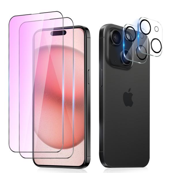 ブルーライトカットiPhone15 ガラスフィルム ブルーライト 2枚 + iPhone15 カメラ...