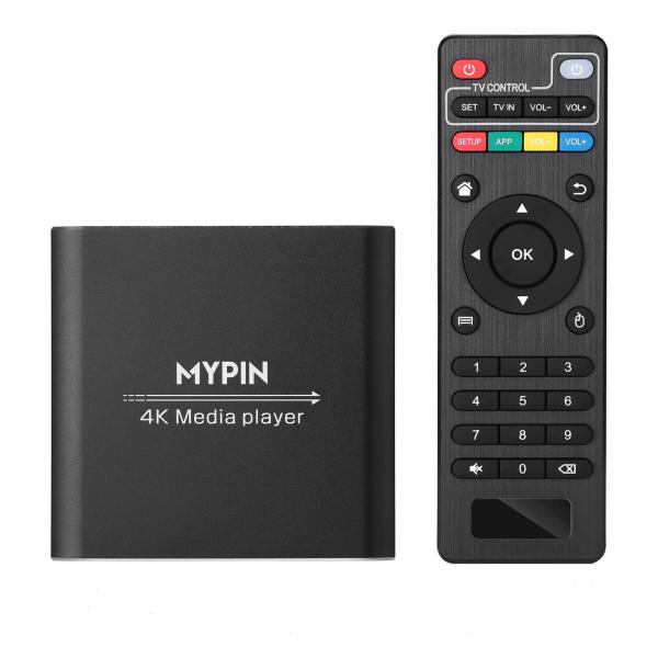 MYPIN リモコン付き4Kメディアプレーヤー、8TB HDD/USBドライブ/TFカード/H.26...