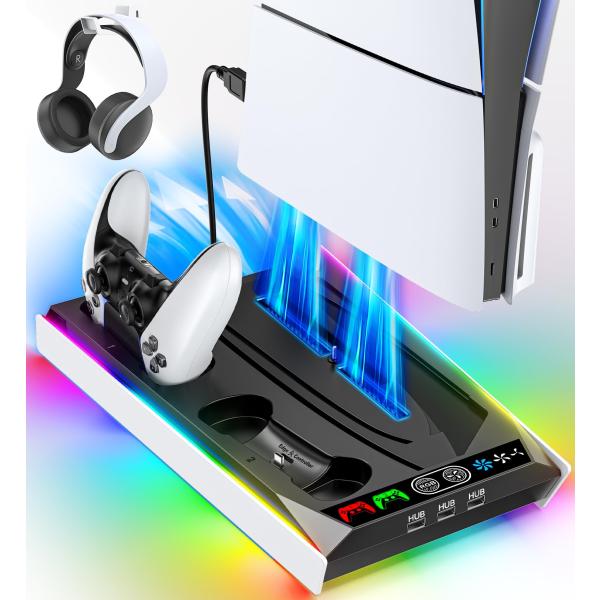 2023新型 PS5 Silm/PS5 縦置き スタンド 冷却ファン付き 3段階風速調整可能 プレイ...