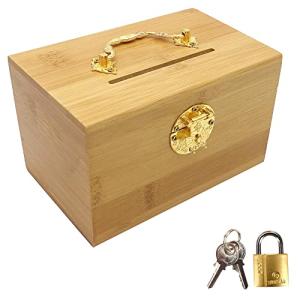 貯金箱 鍵付き 竹製 持ち手付き 宝箱 収納箱 小銭 お札 折らずに入る アンティーク レトロ