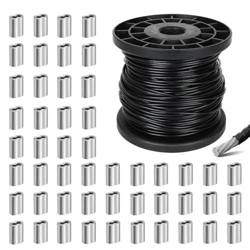 ibubu ステンレスワイヤー 2mm 50m巻 ワイヤーロープ 黒pvc被覆付き ワイヤー ビニー...