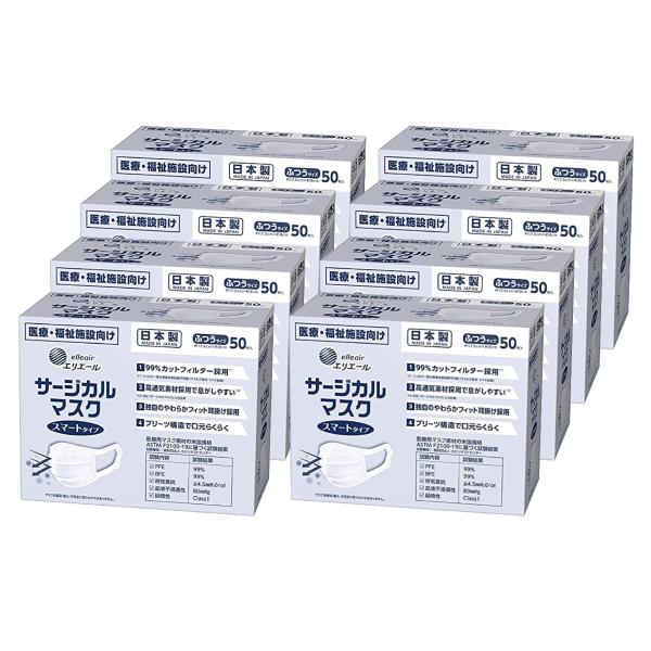 Huieter 大王製紙 エリエール サージカルマスク スマートタイプ ふつうサイズ 50枚x8箱（...