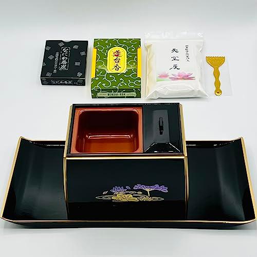 お焼香 セレクト6点セット 黒（フチ金） 5寸 香炉・焼香盆・お香・香炭・灰・灰ならし 国産 日本製