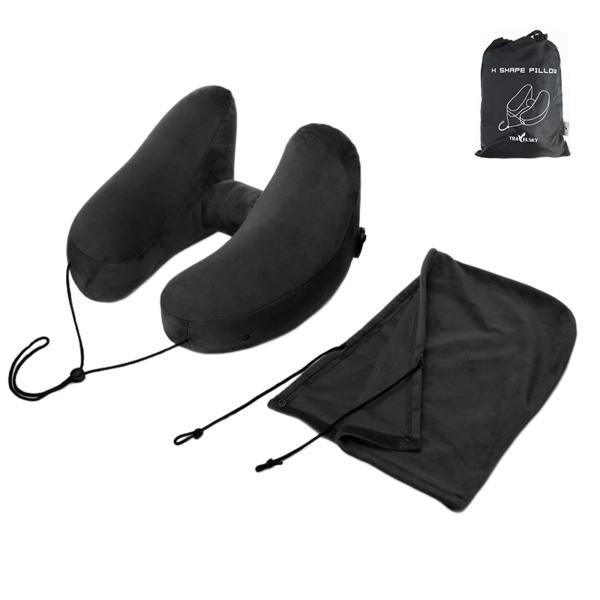 PRETOLE ネックピロー H型 フード付き ブラック コットン 首枕 携帯枕 エアーピロー ポン...