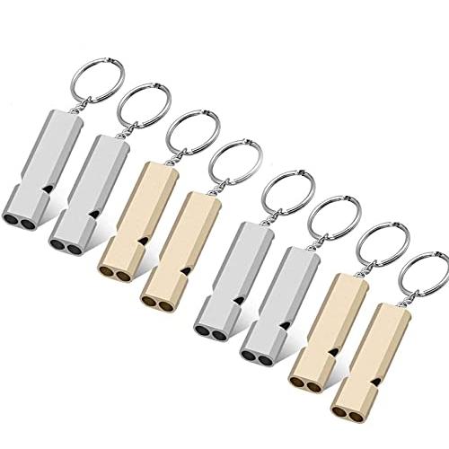 ホイッスル 防災 アルミ製 笛 救援 8枚セット キーチェーン付き 金色/銀色