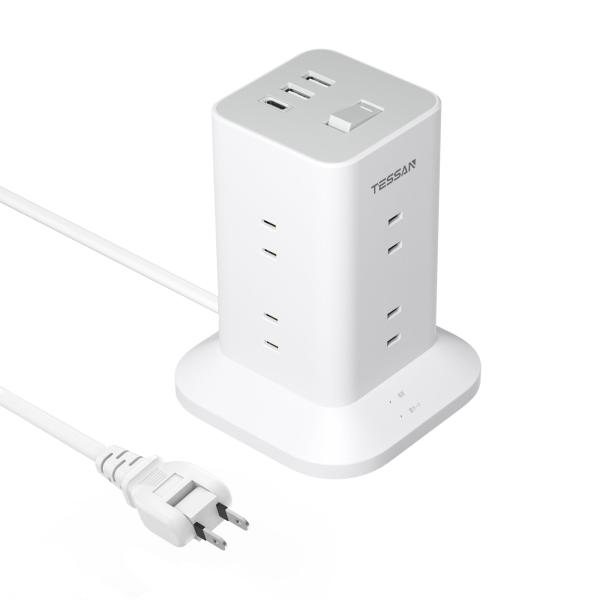 電源タップ タワー 延長コード 2M usb-c付き 8個AC口 1個USB-Cポート 2個USB-...
