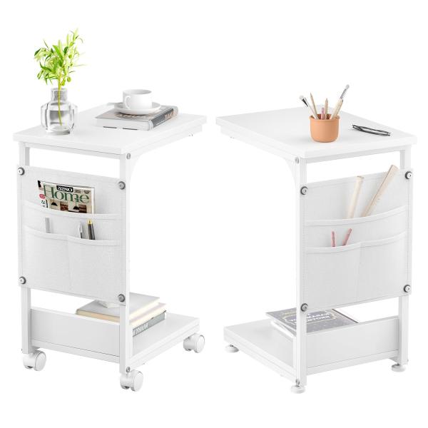 収納ポケット付サイドテーブル キャスター付き JSUSUJ ベッドサイドテーブル おしゃれ ナイトテ...