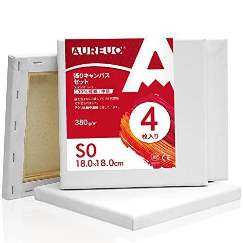 AUREUO 張りキャンバス セット S0 18cmX18cm 中目 100％コットン 4枚 初心者...