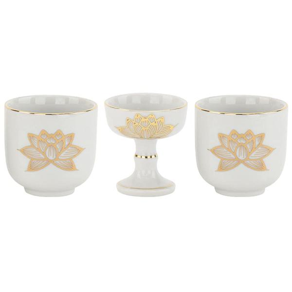 お仏壇のはせがわ 仏飯器 湯呑 仏具セット 3個セット 白金蓮/中 日本製 仏飯 仏器 湯呑み 白/...