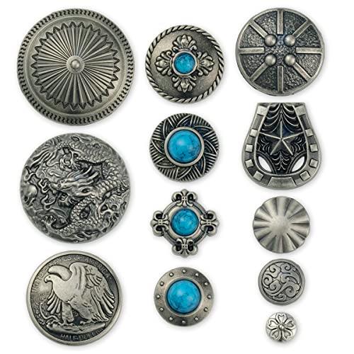 コンチョ ボタン 12個セット ねじ式 アンティーク シルバー ターコイズ 風車 さくら 雲 イーグ...