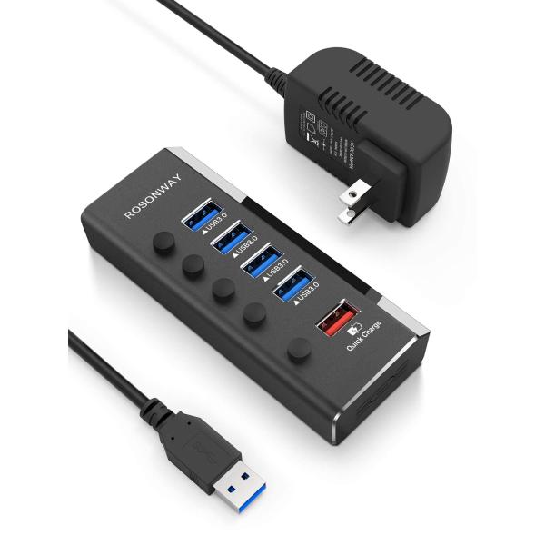 ROSONWAY 2022 USB ハブ 電源付きアルミ製 4ポートUSB3.0高速拡張+1つの急速...