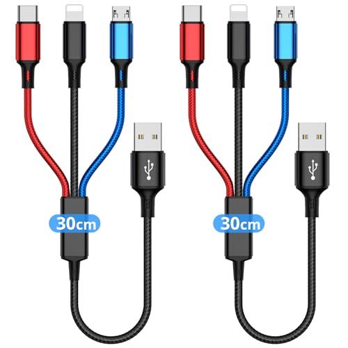 【互換品】 充電ケーブル 3in1 短い 30cm ポータブル 2本入 携帯電話、タブレット、イヤホ...