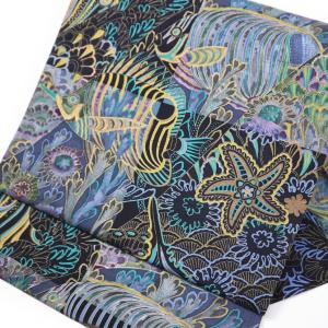 牛首紬 染袋帯 前田仁仙 更紗 白山工房 ブルー 紺 イエロー 魚 ヒトデ　角印 釘抜マーク 紬帯