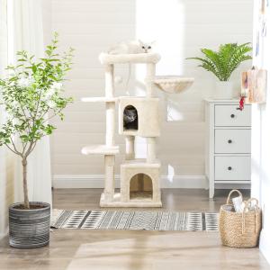 FEANDREA キャットタワー 多頭飼い 人気120CM 2つ猫ハウス ハンモック付き 段差あり 天然サイザル麻 転倒防 NPCT80M