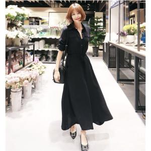 マキシワンピース レディース 春 シャツワンピース ロング丈 黒 ロングシャツワンピース 長袖 ロングワンピース リボン付き ゆったり 体型カバー  大人 30代 40代