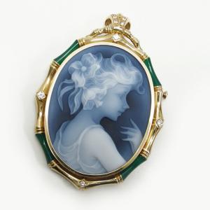 送料無料 K18 カメオ リング 11号 ダイヤモンド シェルカメオ 女性の