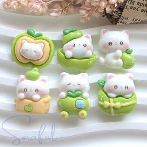 デコパーツ 青りんごと猫ちゃん ねこ グリーンア...の商品画像