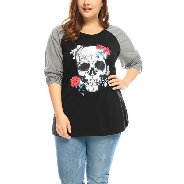 uxcell Agnes Orinda プラスサイズTシャツ 長袖トップス カットソー スカル柄 レ...