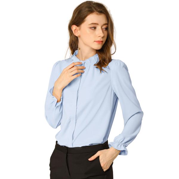 uxcell Allegra K シフォンフリルブラウス トップス オフィス ボタンダウン 立ち襟 ...