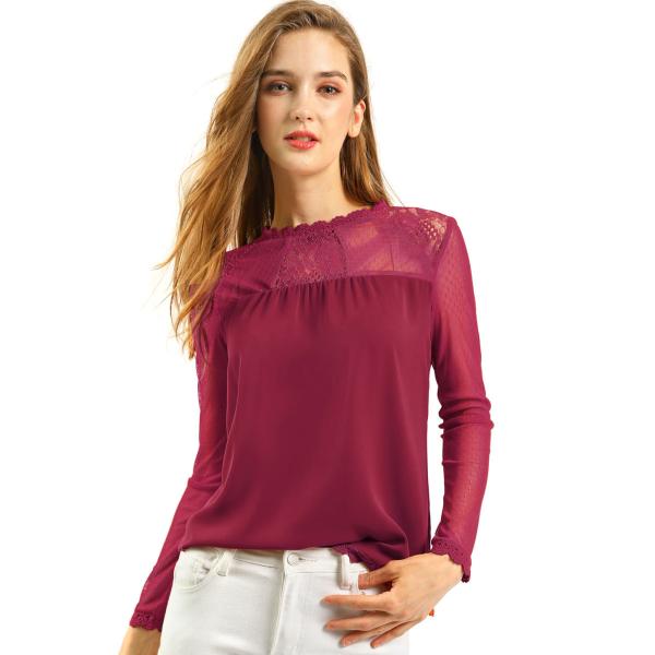 uxcell Allegra K シフォン ブラウス シースルー トップス レース 花柄 長袖 丸首...