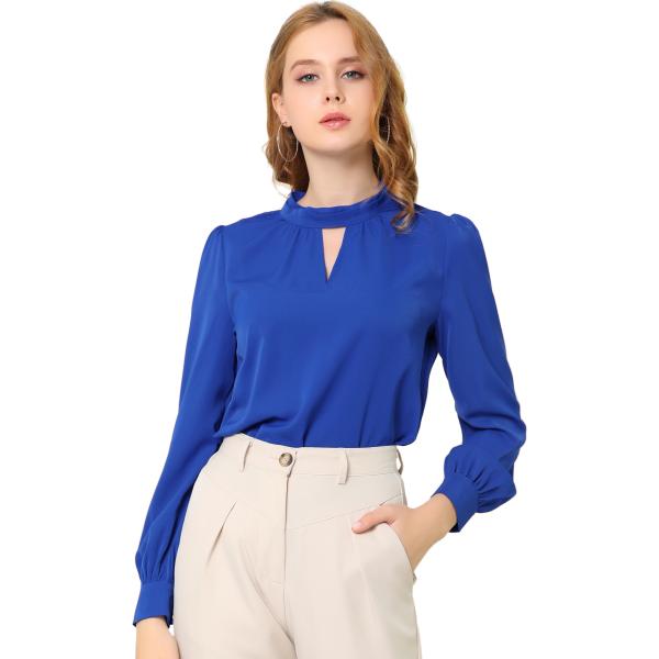 uxcell Allegra K シフォン ブラウス シャツ プリーツ 長袖 スタンドカラー Vネッ...