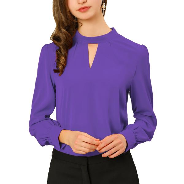 uxcell Allegra K シフォン ブラウス シャツ プリーツ 長袖 スタンドカラー Vネッ...