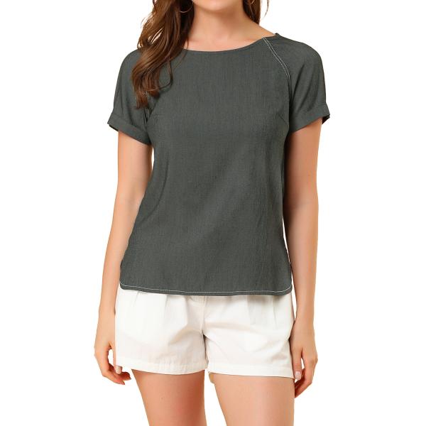 uxcell Allegra K シャンブレー トップス Tシャツ デニム 半袖 ラグランスリーブ ...