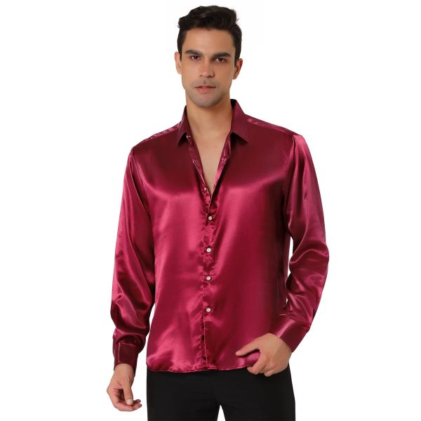 uxcell Lars Amadeus サテンシャツ Vネック 長袖 ボタンダウン スリムフィット ...