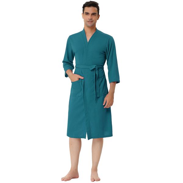 uxcell Lars Amadeus ワッフル バスローブ パジャマ 無地 長袖 メンズ グリーン...