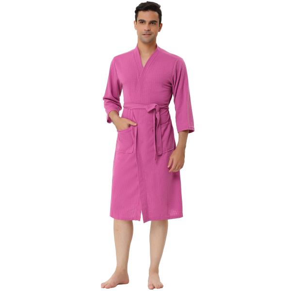 uxcell Lars Amadeus ワッフル バスローブ パジャマ 無地 長袖 メンズ ローズレ...
