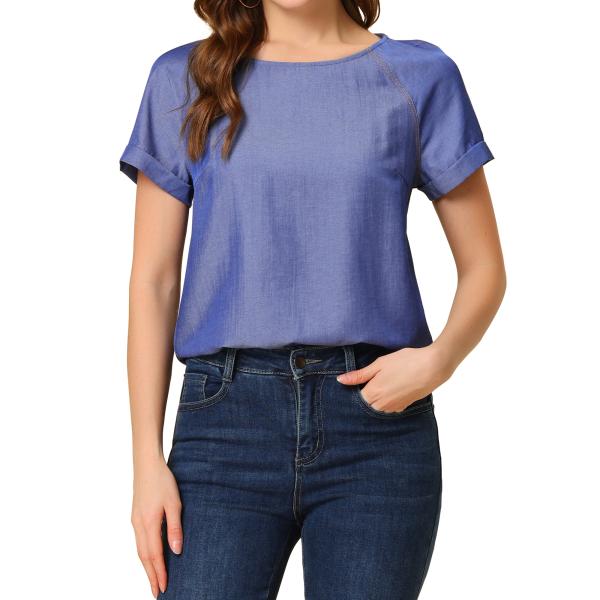 uxcell Allegra K シャンブレー トップス Tシャツ デニム 半袖 ラグランスリーブ ...