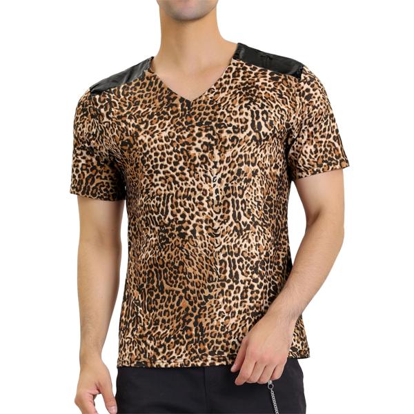 uxcell Lars Amadeus ヒョウ柄 Tシャツ Vネック 半袖 PUパネル スリム 夏 ...