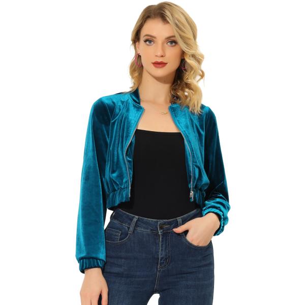 uxcell Allegra K ベルベットジャケット クロップドコート ジッパー 無地 長袖 フー...