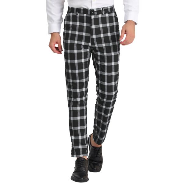 uxcell Lars Amadeus チェック柄パンツ カジュアル フラットフロント スキニー チ...