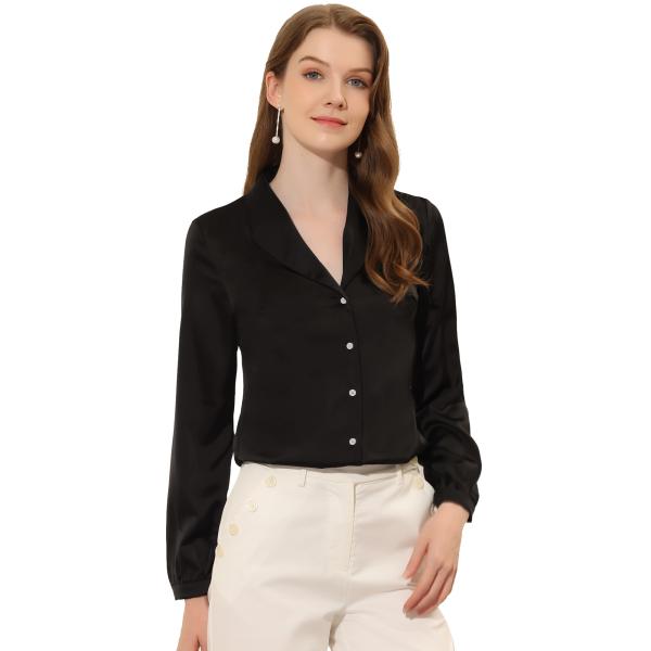 uxcell Allegra K 長袖ブラウス サテンシャツ エレガント 作業服 ターンダウンカラー...