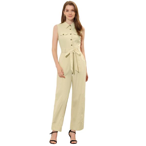 uxcell Allegra K ジャンプスーツ ノースリーブ 足首ネクタイウエスト 作業服 ボタン...