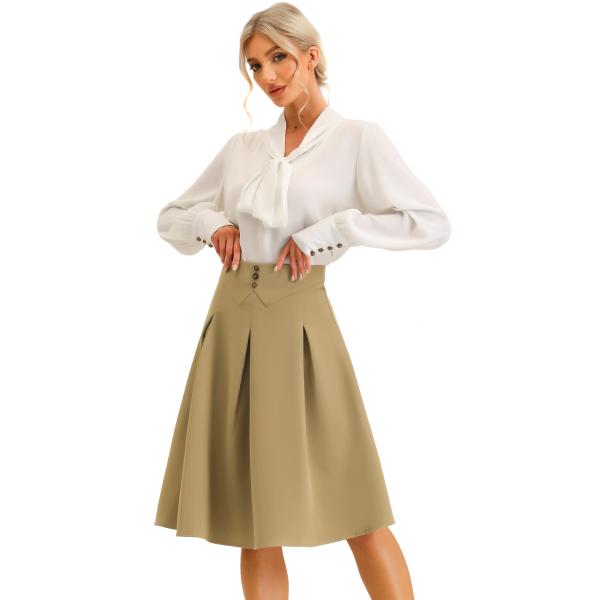 uxcell Allegra K ミディスカート プリーツ ボタン装飾 ハイウエスト カジュアル オ...