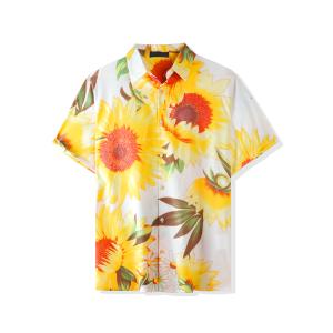 Lars Amadeus トップス 花柄シャツ ひまわりプリント 半袖 夏 ハワイアン ボタンダウン メンズ ホワイトイエロー L