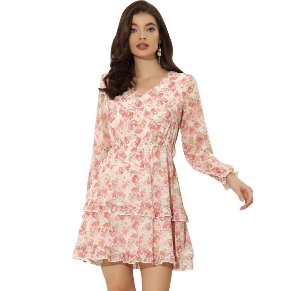 uxcell Allegra K aライン花柄ワンピース ドレス Vネック 長袖 ウエストゴム フリ...
