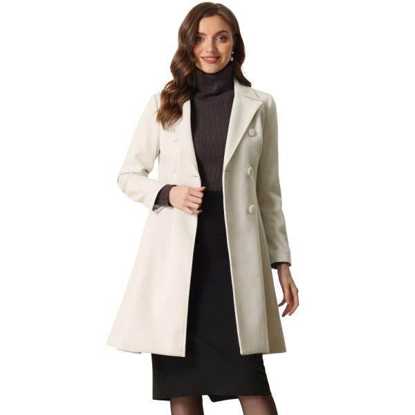 Allegra K ロング冬コート ダブルブレストコート ノッチドラペルカラー Aライン フレア レ...