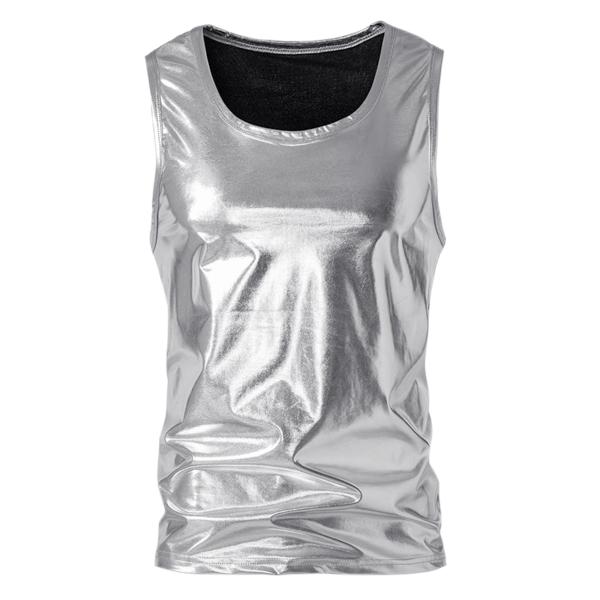 Lars Amadeus トップス ベスト ノースリーブ メタリック ラウンドネック 光沢のある パ...