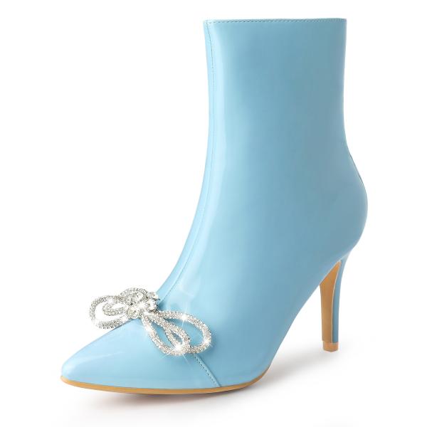 uxcell Perphy パテントレザーブーツボウラインストーンとがったつま先スティレットヒールア...